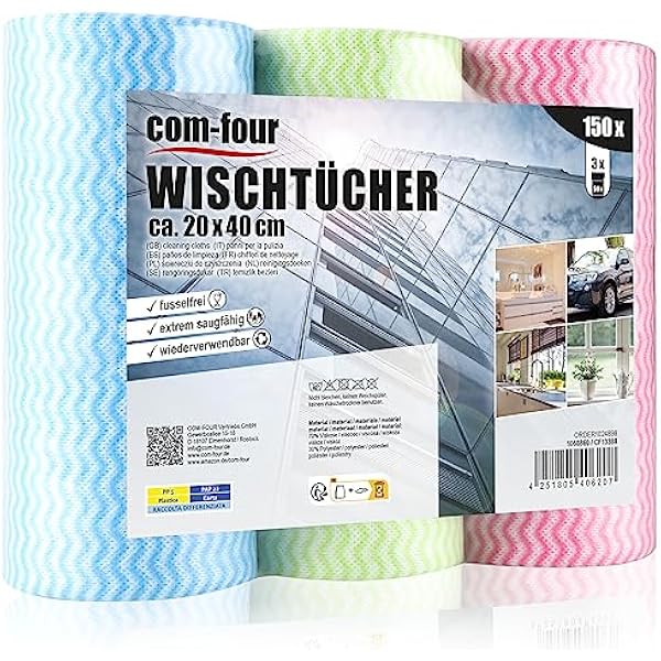 COM-FOUR® 3x 50 czysciwa w rolce - czysciwa kuchenne, lazienkowe i domowe - czysciwa wielofunkcyjne w róznych kolorach [wybór jest rózny] (0150 arkuszy - 20x40cm - 3 kolory)