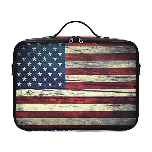 Trousse de maquillage de voyage XL pour femme motif drapeau USA en bois