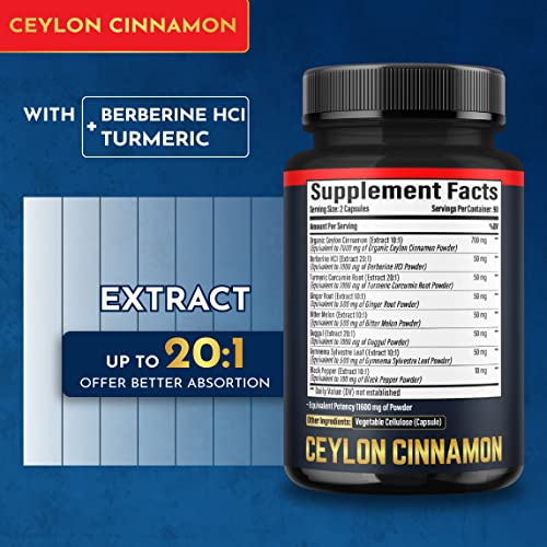 8In1 Ceylon Cinnamon Supplement Extract, Equivalent To 11600Mg - Blended Berberine, Turmeric, Ginger, Gymnema Sylvestre & More - 180 Capsules For 3 Months - Heart Health, Brain & Immune Support #TOP2