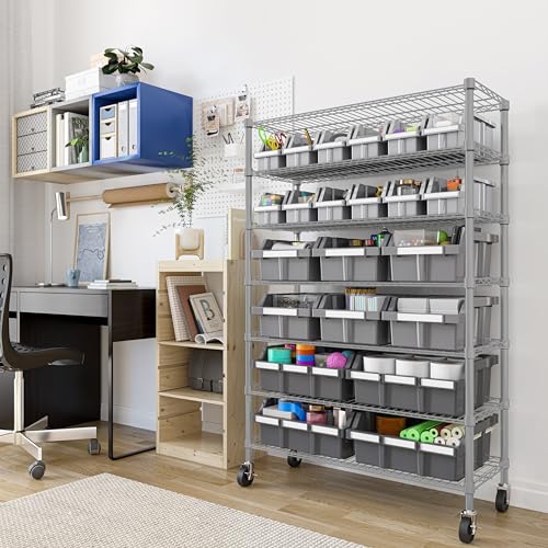 Image of 7-Tier NSF 22-Bin Steel Wire Shelving Rack, 36 inchW x 14 inchD x 56 inchH, Gray | 22 slide-out bins with tilt-lock design keep supplies organized and accessible