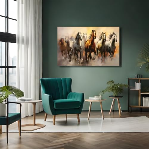 Image of Rangoli Seven Running Horses Wall Painting | Vastu-Inspired Canvas Art for Positive Energy | Framed 3D Artwork for Living Room, Office & Home Decor | Elegant Wall Decor Painting (12 x 18 Inch) (cream)