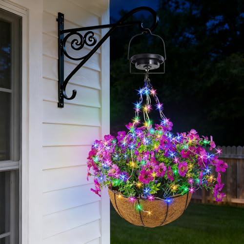 Solar Hanging Artificial Flower Basket: Fake Plant Baskets with RGB Solar Lights Flash and Steady Lighting for Outdoor - 10 Inch Lighted Hanging Basket with Purple Faux Flowers for Porch Garden