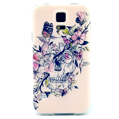For Galaxy S5 , ivencase Personality Flower Skull and Butterfly Pattern Slim Soft TPU Gel Texture Ultra Thin [Flexible] Bumper Protective Rear Skin Case Cover Perfect Fit for Samsung Galaxy S5 SV + One 