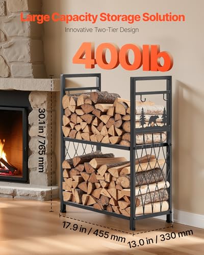 Image of VEVOR Indoor Firewood Rack, 1.3 ft 2-Tier Firewood Holder with Fireplace Tools, Brush, Shovel, Poker, Tongs, Heavy Duty Log Wood Rack, 400 lbs Weight Capacity, Wood Pile Storage Stacker for Fire Pit