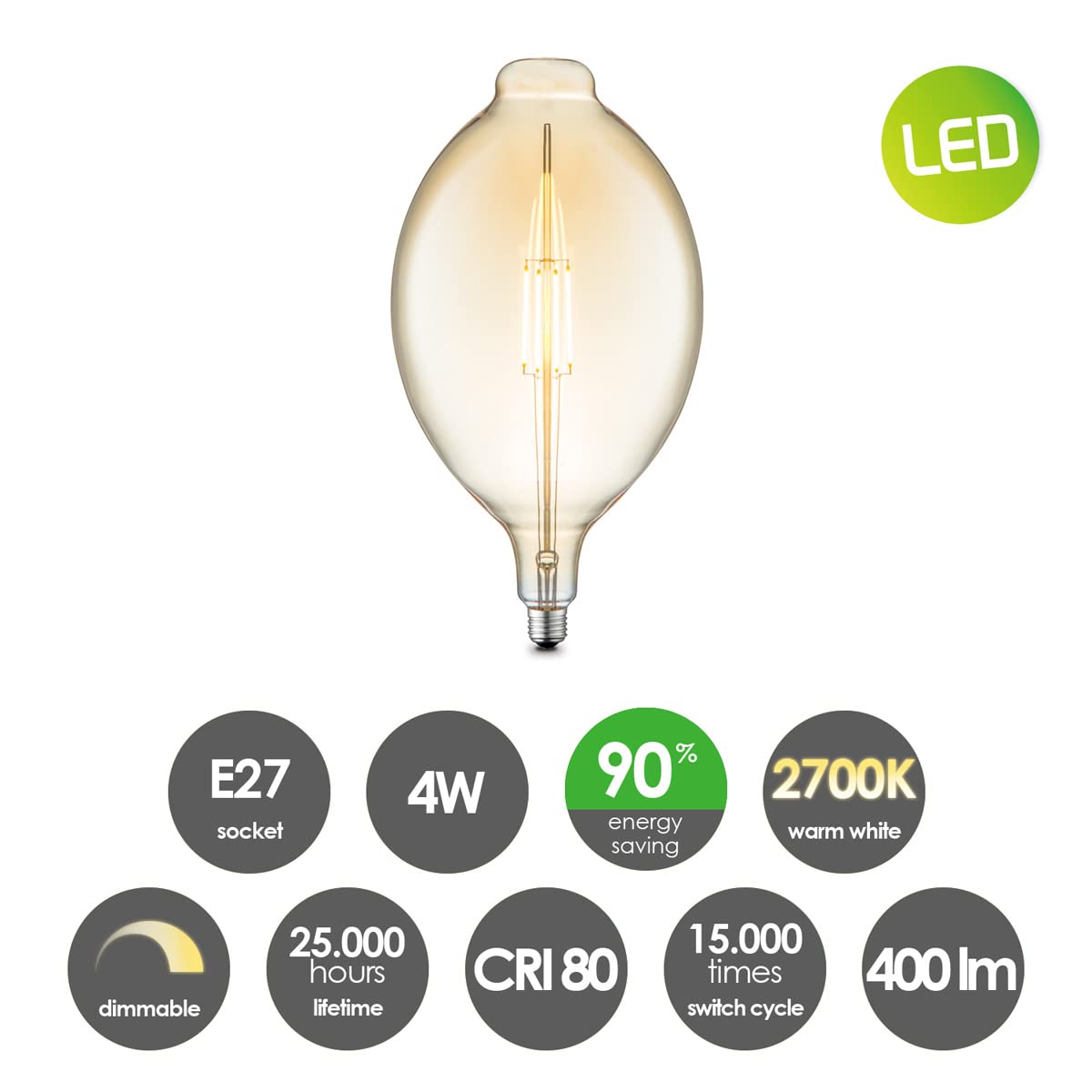 home sweet home collection Edison Vintage E27 | fuente de luz LED filamento Carbon | G180 Oval lámpara LED | Ámbar | Regulable | 4W 400lm 2700K | luz blanca cálida | Apto para casquillos E27