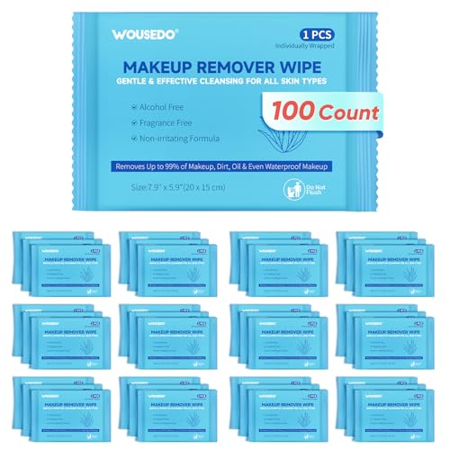 WOUSEDO 100 Count Makeup Remover Wipes, Bulk Gentle Cleansing Facial Towelettes, Individually Wrapped Travel Size,Alcohol-Free & Hypoallergenic for All Skin Types