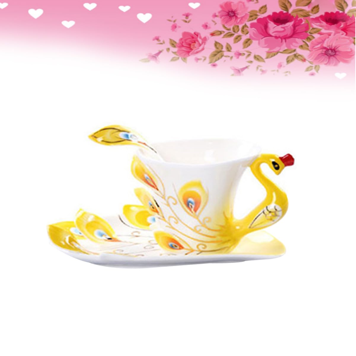 HEMOTON Set Tazzine da Caffè in Porcellana Giallo Piattino e Cucchiaio Design Ergonomico per Colazione o Tè Pomeridiano