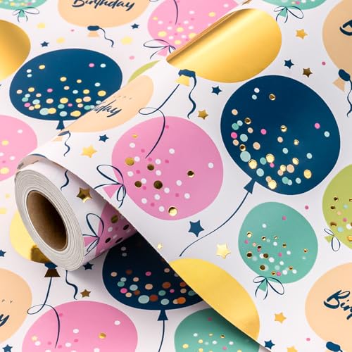 Wikadlik Ballon Goldfolie Geburtstags-Geschenkpapierrolle