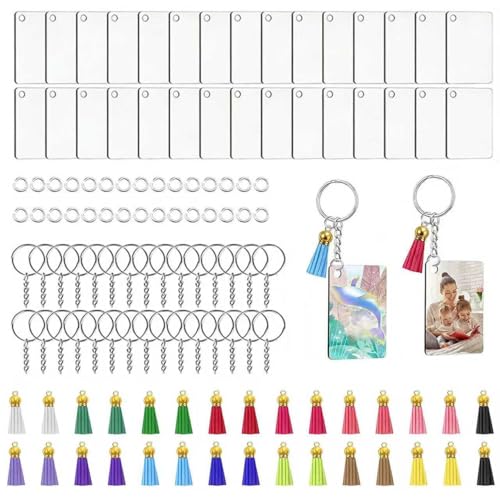 Rdunulioo 120 Pcs Acrylic Keyring Blanks Tassels Set Including 30 Rectangle keychain blanks 30 colorful tassels 30 key ring with chain and 30 jump rings for DIY Crafts Keyring Making (Transparent)