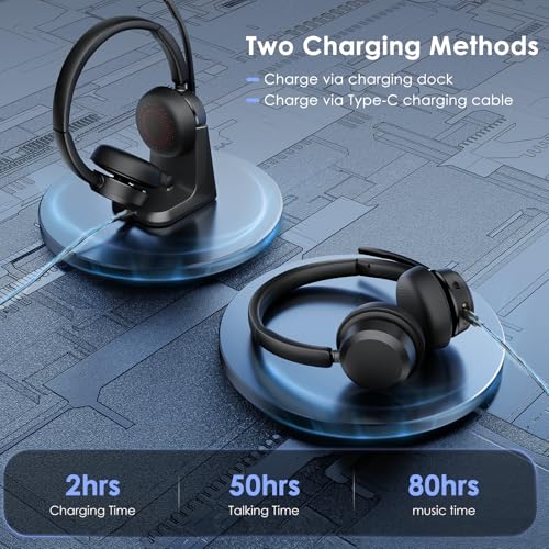 Image of Mopchnic Wireless Headset with Noise Cancelling Microphone, On-Ear Bluetooth Headset with USB Dongle, Mute Function & Charging Base, Wireless Headphones for Work from Home and Call Center (Black)