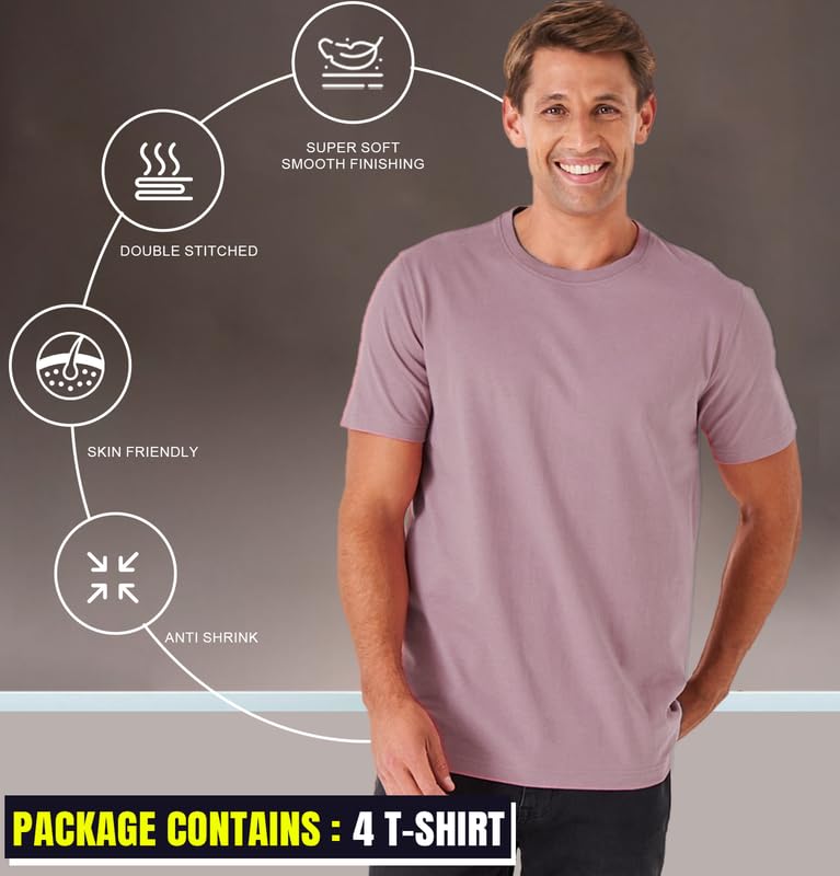 Image of Sleepynuts Round Neck Plain Cotton T-Shirt for Men Pack of 4 (Winslow, Wine, Mauve, Olive-M)