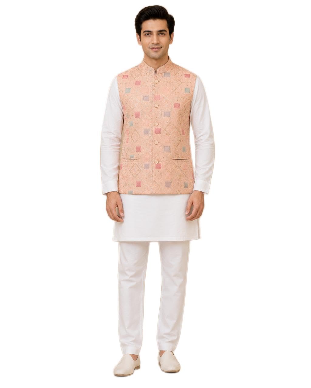 Men's Ethnic Wear Peach Modi Jacket with Geometric Print-image-23