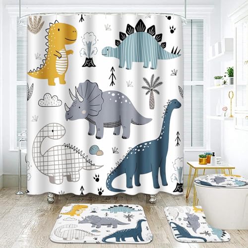 ArtSocket Dinosaur Bathroom Set with Shower Curtain and Rugs Accessories, Cute Kids Dino Dragon Shower Curtain, Kids Dinosaur Bathroom Decor 4 Pcs by ArtSocket - Used condition - US$19.58