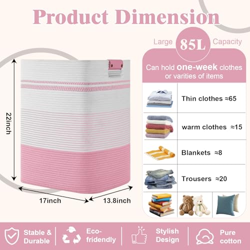 Image of Laundry Hamper, 85L Tall Laundry Basket with Leather Handles, Rectangle Large Clothes Hamper for Organizing, Cotton Woven Laundry Baskets Storage Hampers for Bedroom, Nursery, Living Room