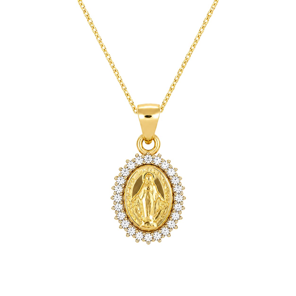 Sakrami Collar de la Virgen Milagrosa de oro de 9 quilates con circonitas blancas Pavé – Medalla ovalada, diseño religioso + caja personalizable – Idea de regalo para mujer, niña, comunión
