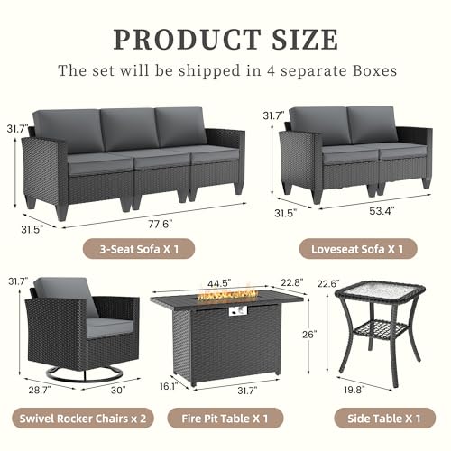 Image of UDPATIO Patio Furniture Set with Fire Pit Table and Swivel Rocking Chairs, 6 Pieces Outdoor Wicker Furniture Set with Waterproof Cover, 4'' Thickened Cushion, Grey