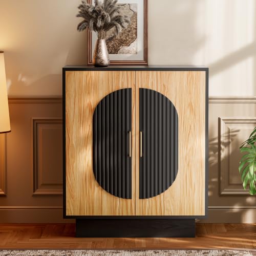 Image of 29 inch Fluted Modular Buffet Cabinet with Arched Doors & Gold Handles, Mid Century Modern Sideboard Credenza Storage with Adjustable Shelves, Wood Coffee Bar Console Table for Dining Living Room