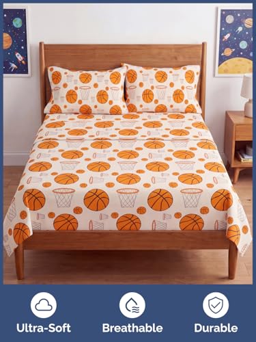 Image of Kids Queen Basketball Hoops Bed Sheets - 4 Piece Basketball Hoops Sheet Set | Basketball Hoops Themed Bedding, Ultra-Soft, Cute & Cozy, Breathable & Machine Washable, Bed Set for Boys, Girls & Teens