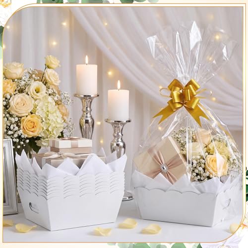 Image of Fuyoooo 8 Pack White Basket for Gifts Empty to Fill, 10 inch x 8 inch Thick Sturdy Kraft Scalloped Edge Gift Basket with Handle, 8 Wrap Bag 8 Bow 16 Tissue Paper for Christmas Wedding Birthday Wrapping Gift