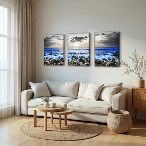 SERIMINO Beach Wall Art, Coastal Wall Art, Ocean Wall Decor, Modern Landscape Paintings Art Prints 3 Pieces Set, Seaside Canvas Pictures for Living Room Bedroom Bathroom Home Office Decoration 20"X28"