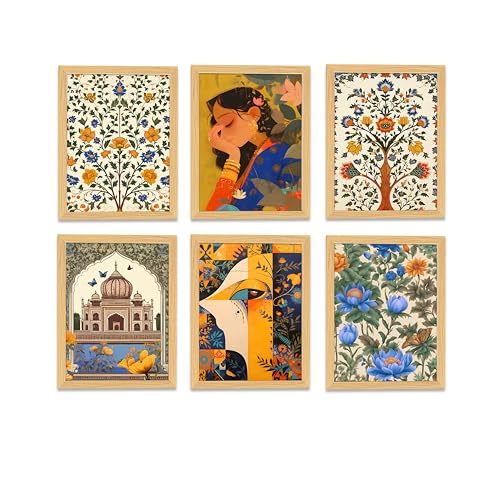 Image of PAINTINGMANTRA Mughal Floral Madhubani Wall Art With Frame For Living Room, Madhubani paintings for Bedroom Home And Office Wall Decor, Set of 6, 9x13 Inch