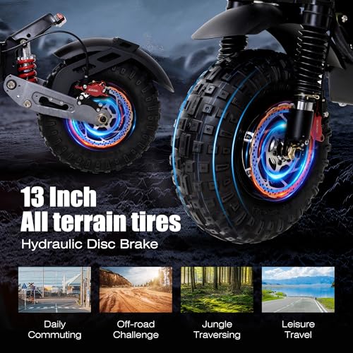 Electric Scooter Adult, 7000W Motor, 60V 33Ah Battery, 55 mph, Max 65 Miles Range, Hydraulic Suspension, Hydraulic Brakes, 13"All Terrain Tires, Adjustable Handlebar Height, Folding EScooter with Seat