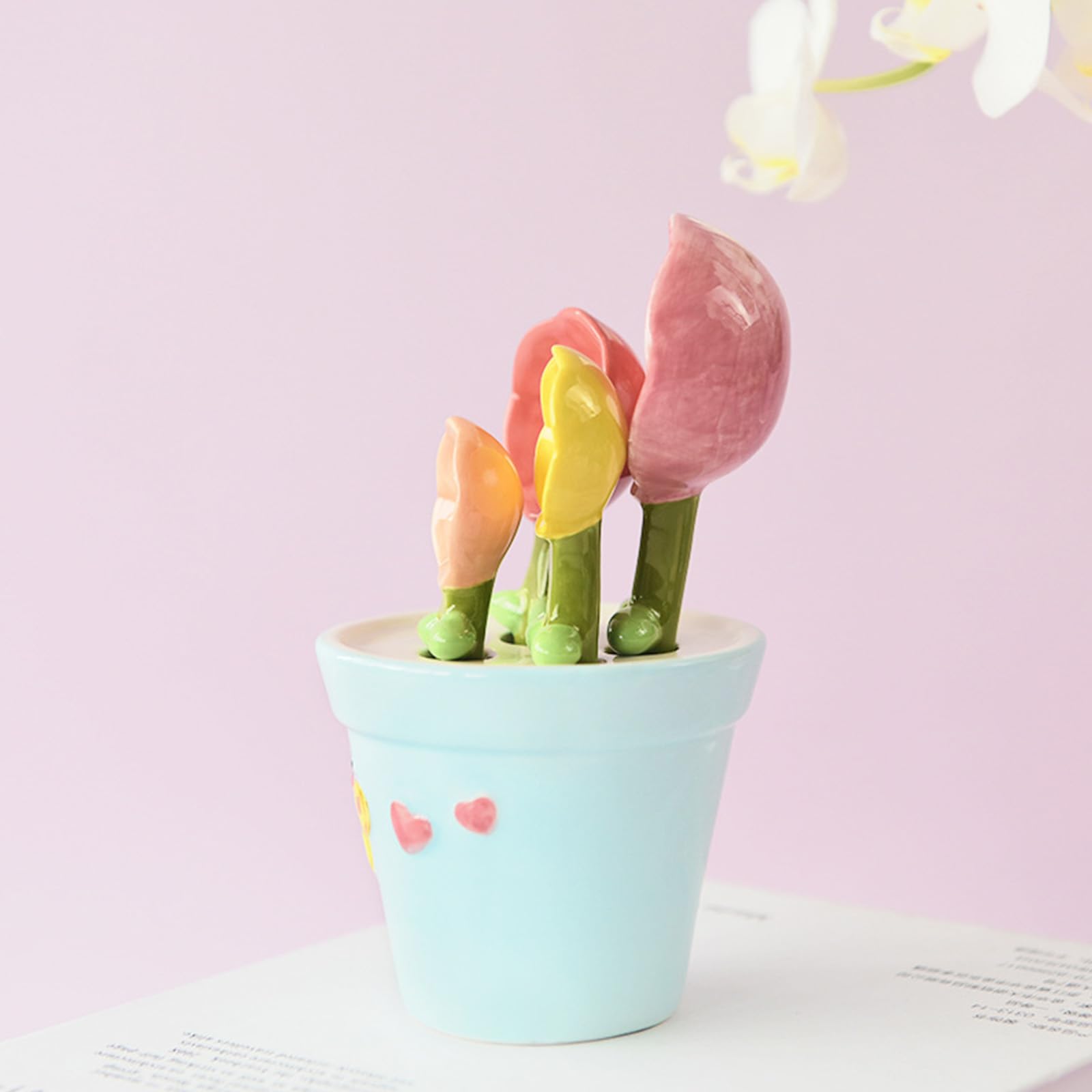Cucchiaio dosatore in ceramica con manico ergonomico con vaso da fiori a forma di supporto per sali, zucchero misurato, utensili di misurazione sicuri in forno