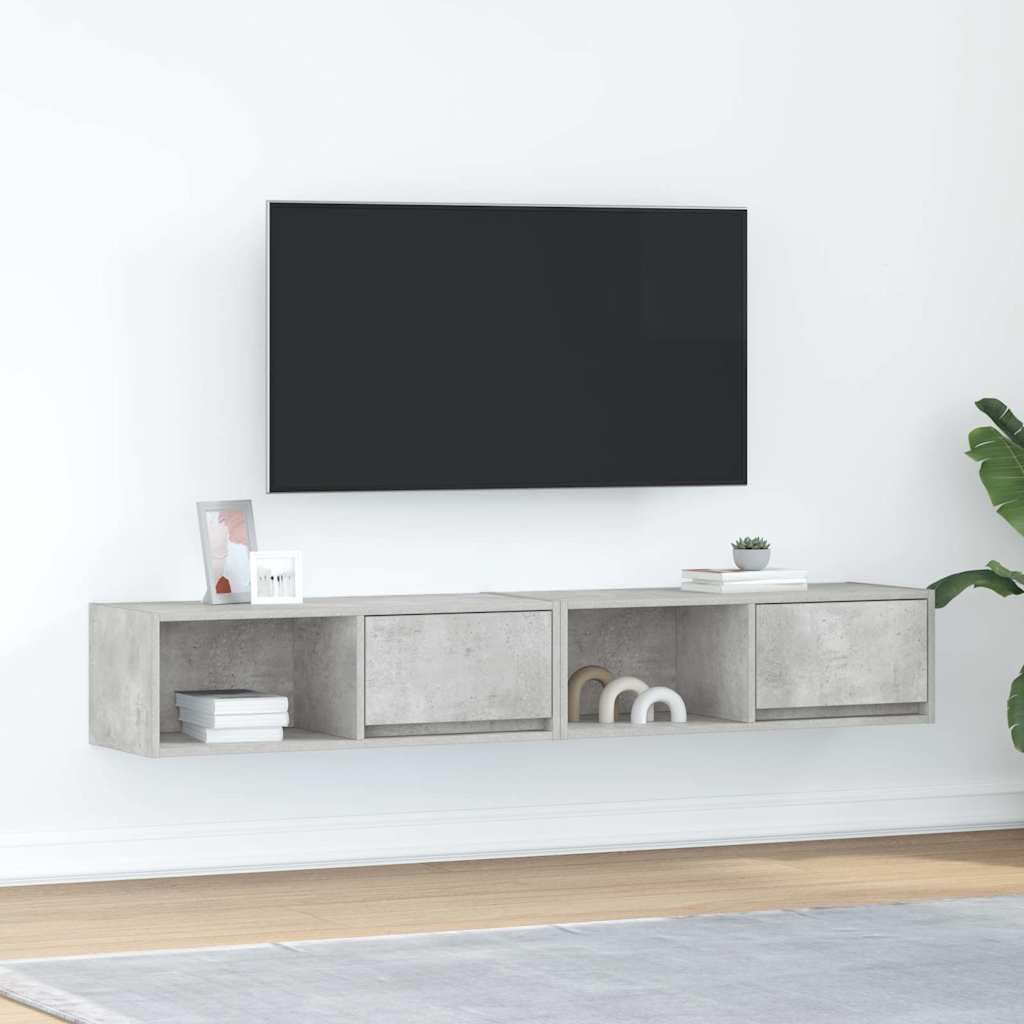 Meuble TV suspendu gris béton avec rangement à tiroir pour salon épuré