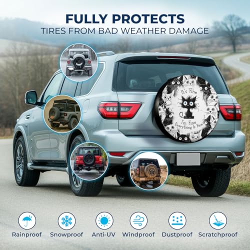 Image of GENANY Black Cat Pattern Spare Tire Cover for RV Trailer, Waterproof, No Camera Hole, Size 17 Fits 31-33 Inch