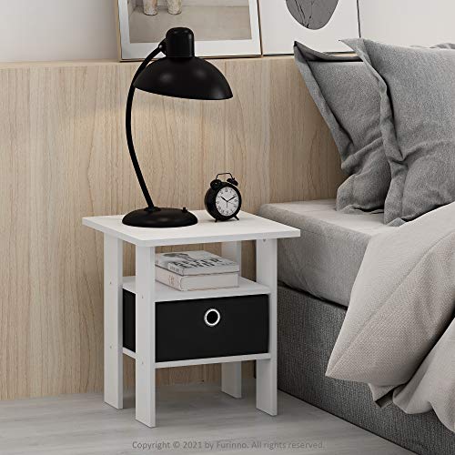 Image of Furinno Andrey Set of 2 End Side Night Stand /Bedside Table with Bin Drawer, 2-Pack, White /Black | Open Shelf and Storage Bin, Modern Night Stand, Bedside Table, for Living Room, Bedroom