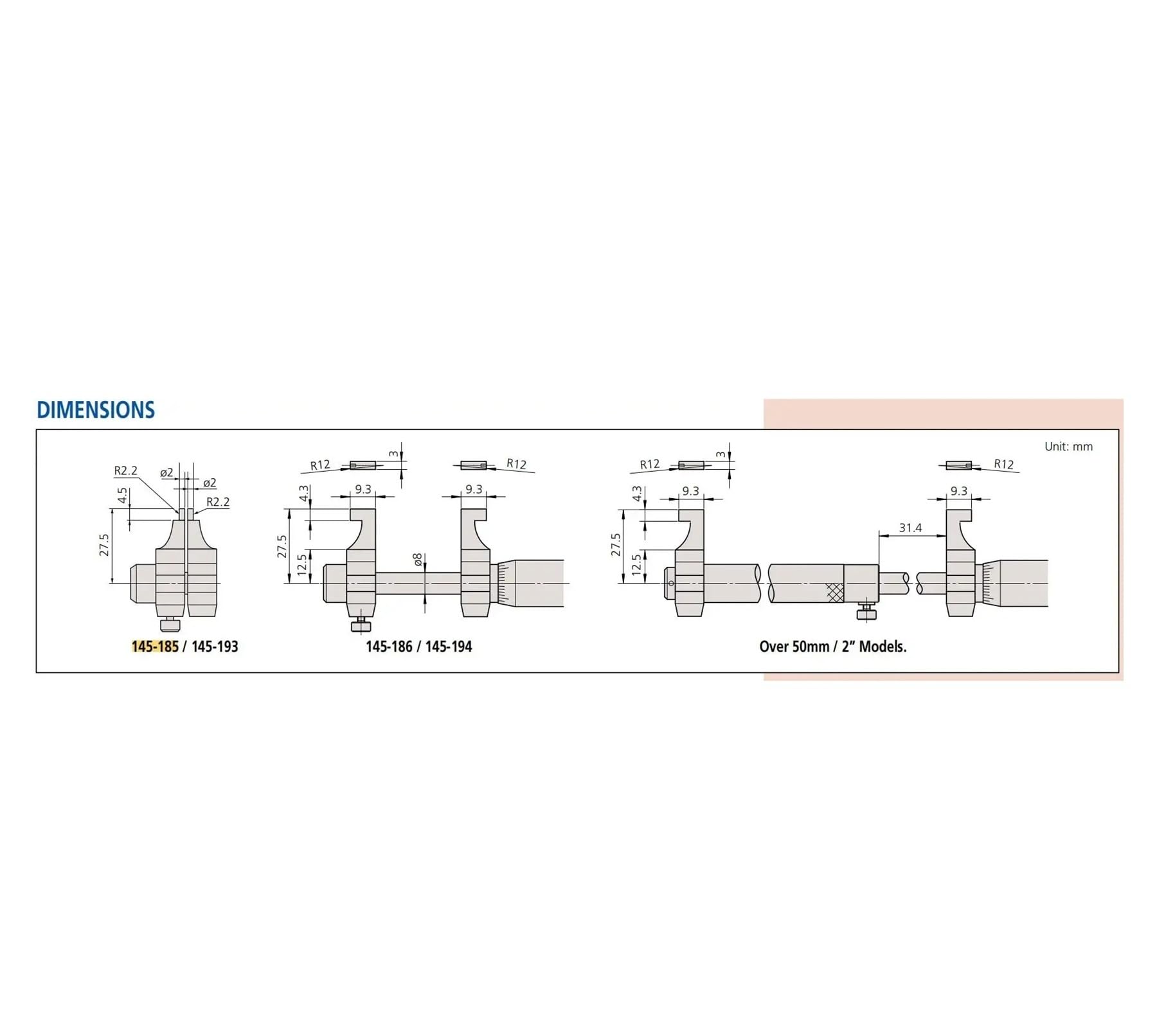 Tipo de calibre Micrómetros interiores 5-30/25-50/50-75/75-100 mm(145-188)