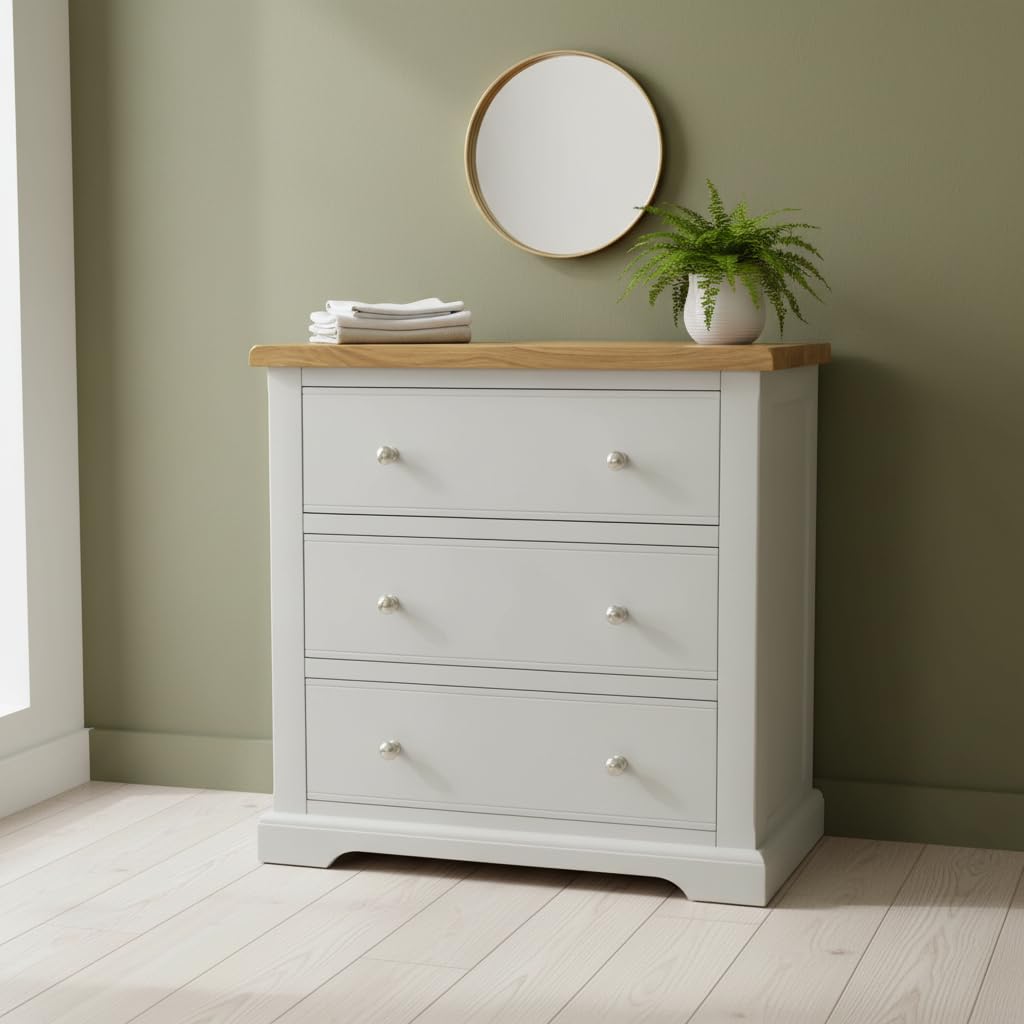 GROF GROFurniture Painted Chest of Drawers for Bedroom 3 Drawers Storage Chest with Oak Top - Deep Storage Drawers Baby Changer Chest Suitable for Small Room Ready Assembled