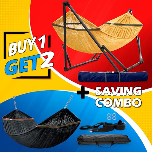 Image of Tranquillo Combo x2 Hammocks with Stand for Outside & Tree Straps, Heavy Duty Hammock with Stand 600lbs for Indoor Outdoor Patio Backyard, x2 Hammocks for 2 Person (Combo - Yellow, Medium)