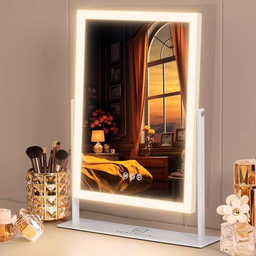 FENCHILIN Hollywood - Specchio da trucco a 3 colori, dimmerabile, con illuminazione, controllo Smart Touch, con illuminazione, rotazione a 360°, 10 ingrandimenti, 30 x 41 cm