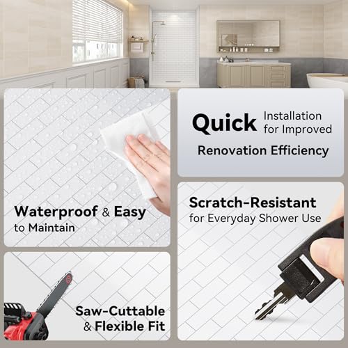 Bathlink Shower Wall Panels, 32D x 60W x 96H, Solid Surface Waterproof Wall Panels for Showers, Shower Surround Wall Kit, Glossy White Subway Tile Finish, 1/8\" (3mm) Thick, Trimmable - Thumbnail 5