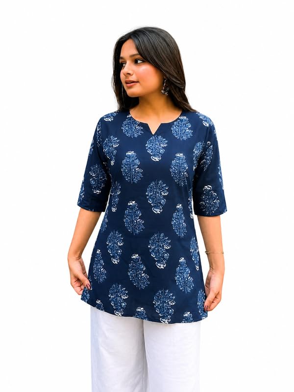 Pinkmint Women Printed Short Kurti | 3/4 Sleeve Casual Straight Kurta | Comfortable Ethnic Wear for Women (Pack of 1) Dark Blue Deal