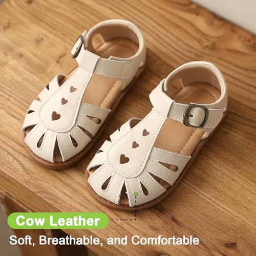 Image of Toddler Girl Sandals with Flower, Breathable Leather kids Closed Toe Sandals, Soft Rubber Non-Slip Summer Shoes for Little Girls 2-7 Years