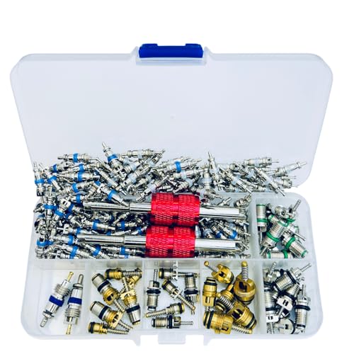 112 Pcs Air Conditioning Schrader Valve Cores for Car Home A/C Accessories R12 R134a Refrigeration Tire Valve Stem Core with Double Head Dual Dismantling Remover Installer Tool Assortment Kit