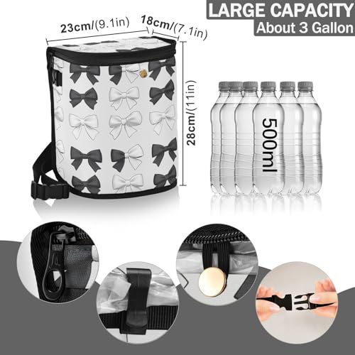 Image of Car Trash Can Black White Bows Car Garbage Bag with Lid Hanging Waterproof Leak Proof Vehicle Storage Bin