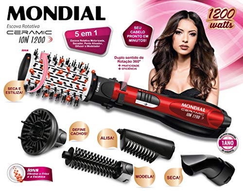 Escova Rotativa Ceramic Ion 1200W, Mondial, ER-05, Preto/Vermelho