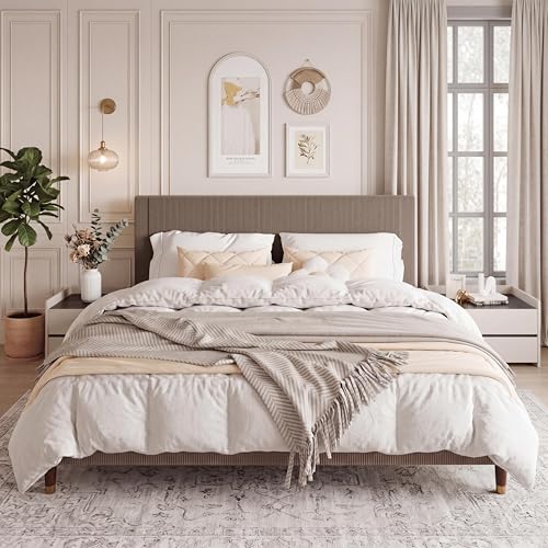 Garvee Queen Size Platform Bed Frame, Modern Queen Bed Frame with Upholstered Headboard and Strong Metal Slats Support, No Boxing Spring Needed, Easy Assembly, Brown