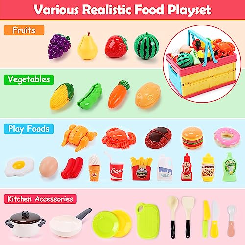 Image of HOLYFUN Play Food Toy Set with Shopping Basket & Cutting Fruits | Includes toy pots, pans, plastic dishes and realistic food pieces for pretend cooking, role play and hands-on learning