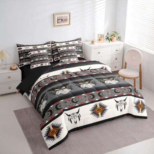 Image of Erosebridal Longhorn Cow Skull Comforter Set 7 Piece Bed in a Bag Twin | Southwestern Decor Boho Moth Bedding Sets Geometric Aztec Western Comforter and Sheet Set, Sun and Moon Bohemian Bed Sets,Grey
