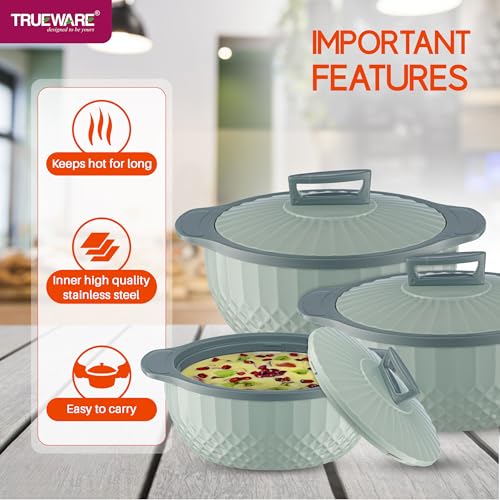 Image of Trueware Eternity Inner Steel Insulated 750, 1000 & 1500 ML Thermoware Casserole Set of 3 | BPA Free | Odour Proof | Food Grade | Easy to Carry | Serving | Curd Maker | Hot Pot (Green)