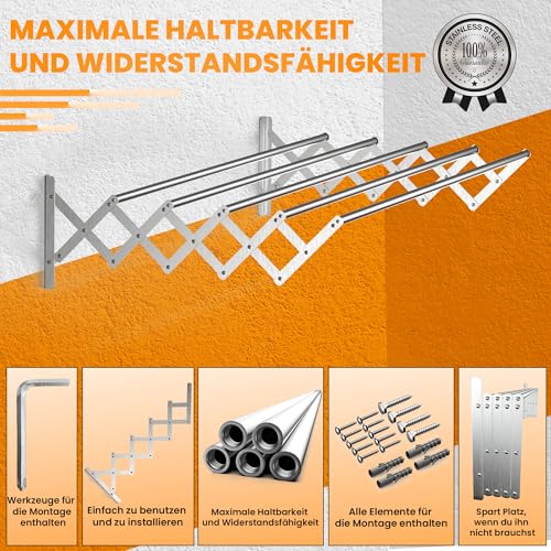TEHORNEO Wäscheständer Wandmontage 100 cm, Wäschetrockner Wand aus Edelstahl, Wandtrockner Ausziehbar, Wäscheständer Wand, Wandwäschetrockner, Wandtrockner Ausziehbar 25 kg Tragfähigkeit
