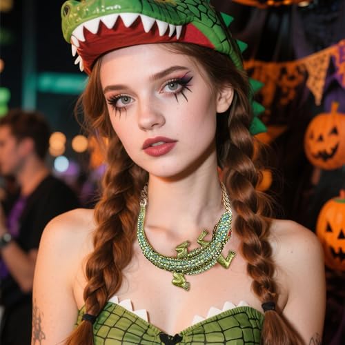 BriLove Women's Gothic Stylish Crystal Crocodile Statement Necklace for Halloween Costume Cospaly Party Prom Accessories Green Gold-Tone2