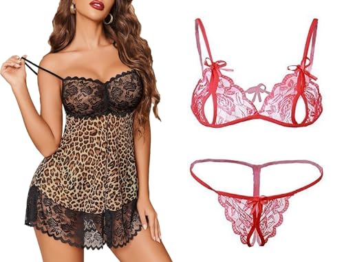 Image of SSoShHub Lace Babydoll Lingerie Sexy Mini Chemise Mesh Wedding Nightie Bridal Nightdress with Bikini
