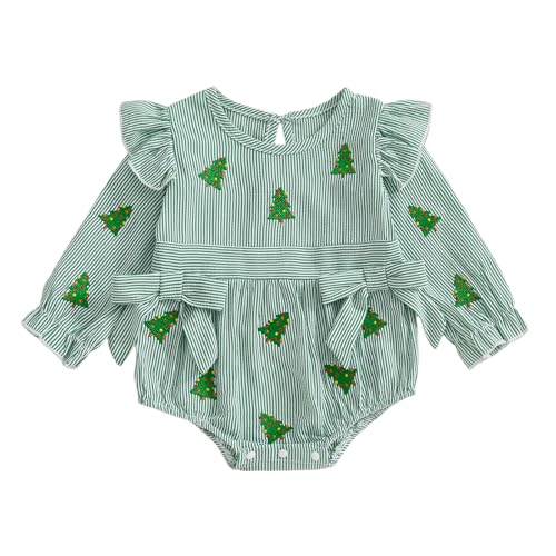 Image of Newborn Baby Girl Christmas Outfit Smocked Bubble Romper Long Sleeve Striped Onesie My First Christmas Baby Clothes