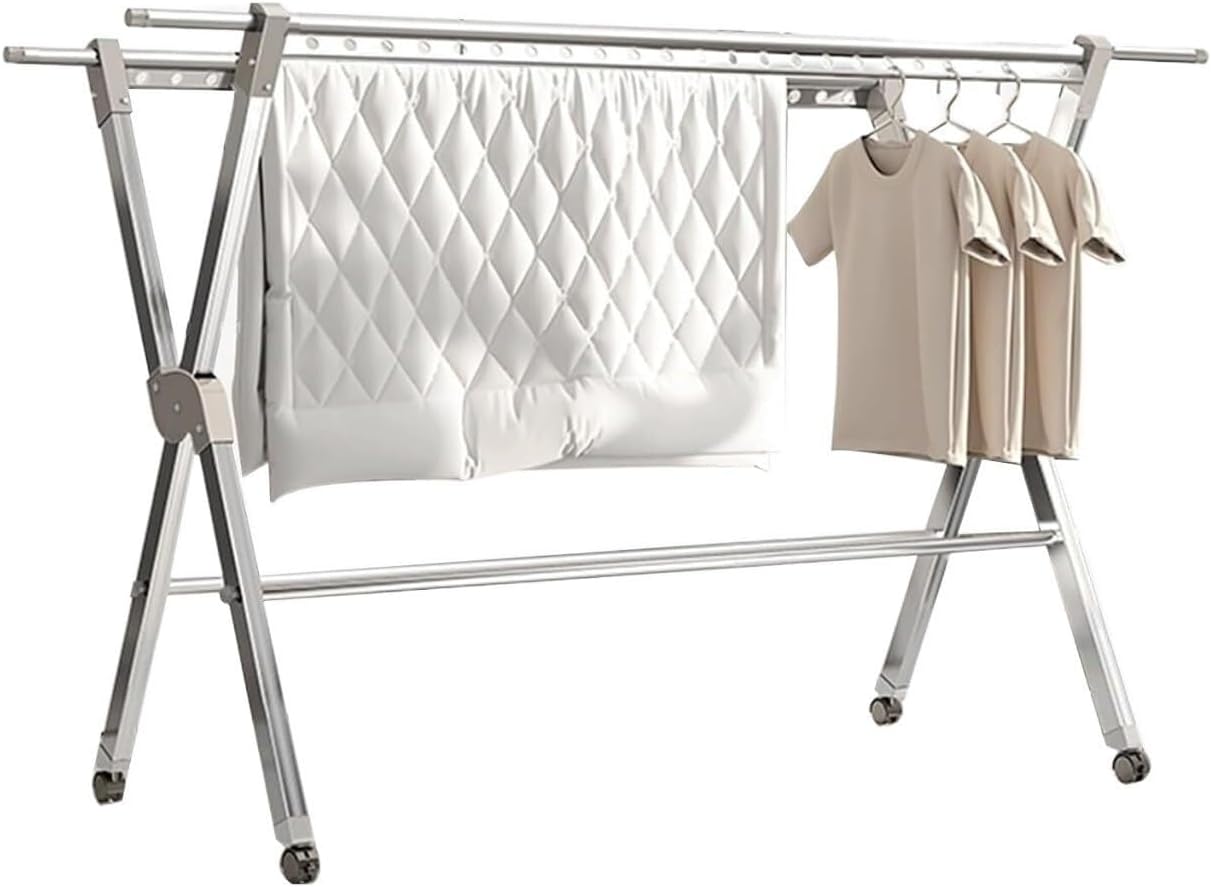 Foldable Space-Saving Clothes Rack Floor-Standing Clothes Rack Tripod Portable Rotating Clothes Rack，Retractable Laundry Rack - Adjustable Clothes Drying Rack, Movable & Foldable Garment Rac