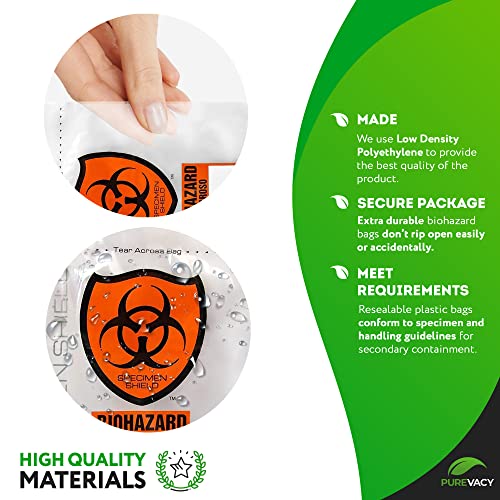 Image of Biohazard Specimen Bags, 8 x 10 Inches. Pack of 100 Clear Biohazard Bags. 3-Wall Polyethylene Speciman Bag, 2 Mils. Waterproof Plastic Bag with Pull-to-Tear Zipper and Orange Hazard Sign